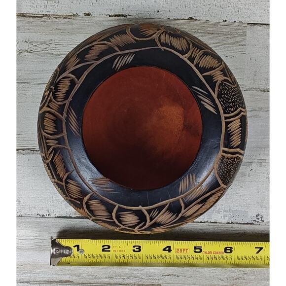 Vtg Hand Carved Two-tone Floral Wood Bowl Folk Art Flowers Boho Rustic - Picture 5 of 6